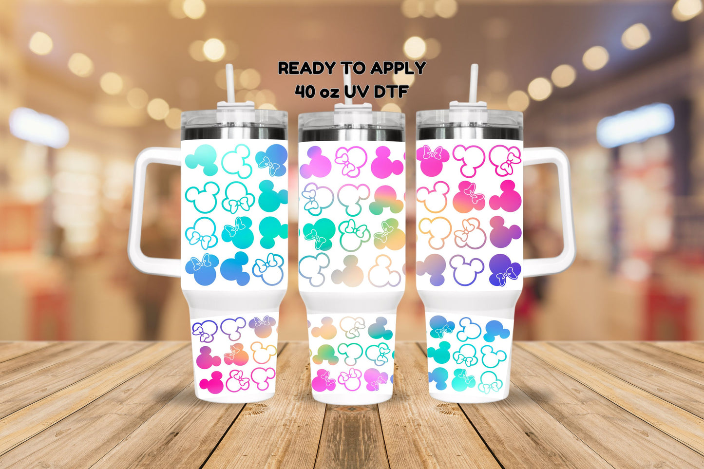 UV DTF 40 oz ready to apply Pastel Min mouse ombre tumbler wrap. Permanent sticker. UV wrap quencher #3045