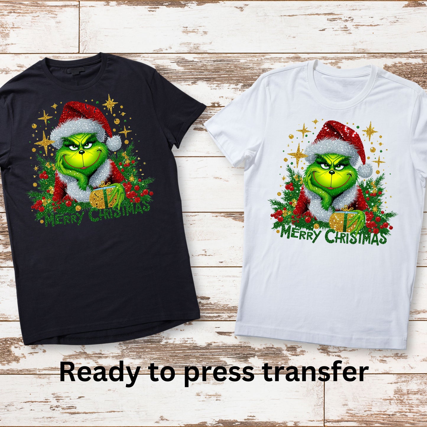 DTF ready to press transfer. Merry Christmas Grin faux glitter decal. Direct to film heat press transfer. DTF Print, Heat Transfer #11070