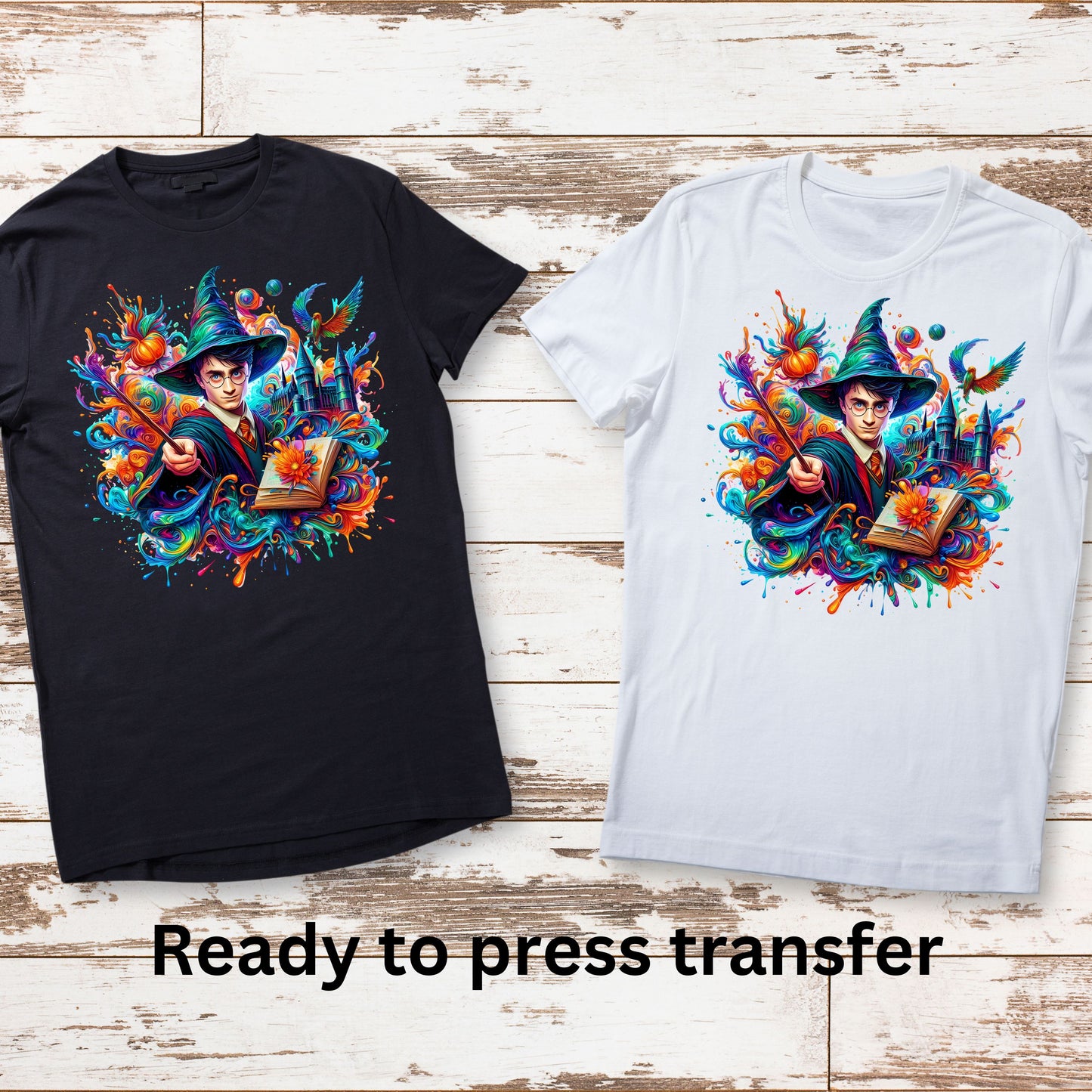 DTF ready to press transfer. Potter splash wizard wand books. Direct to film heat press transfer. DTF Print, Heat Transfer #11104