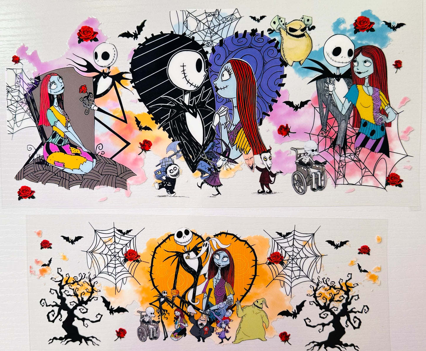 UV DTF 40 oz ready to apply Nightmare Jack and Sallie tumbler wrap. Permanent sticker. UV wrap quencher #3047