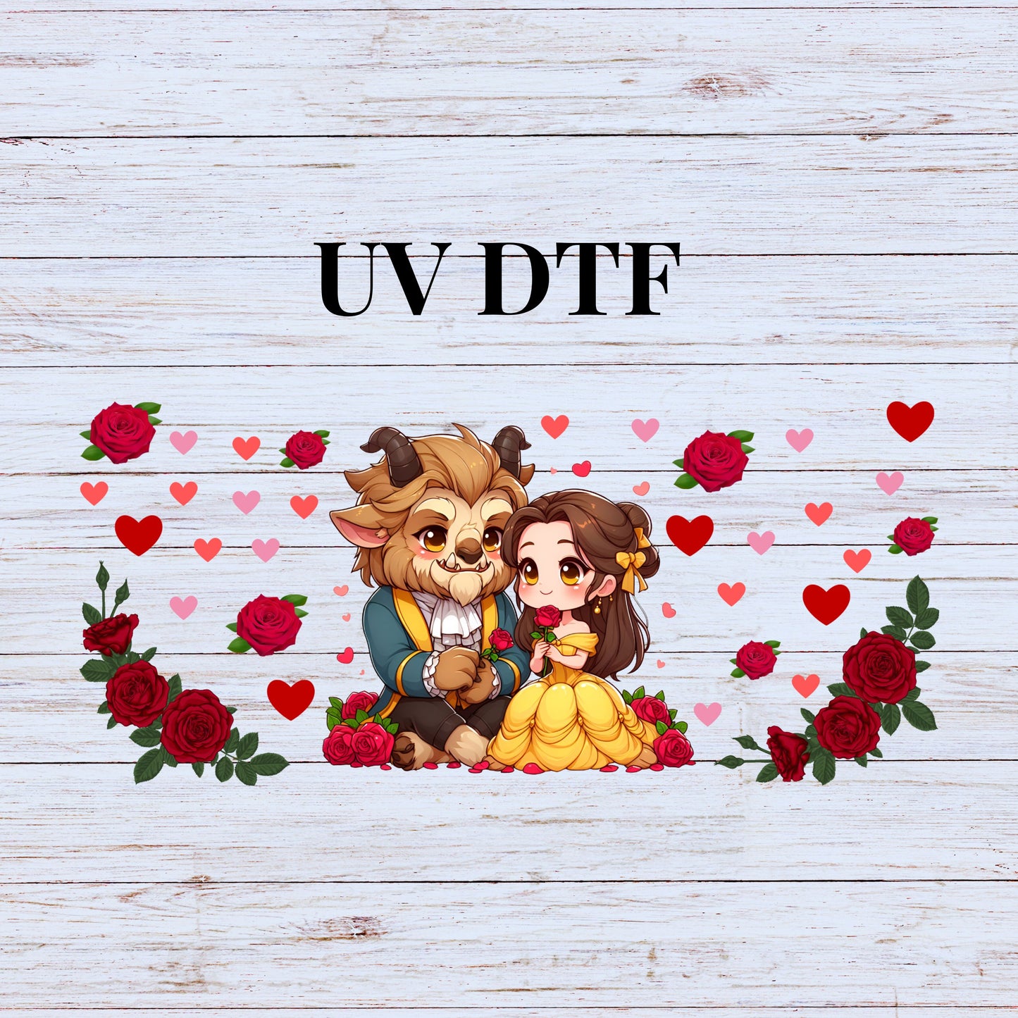 UV DTF Sticker print. Beauty and the B decal, glass can tumbler decal. UV wrap for glass can tumbler. #5189