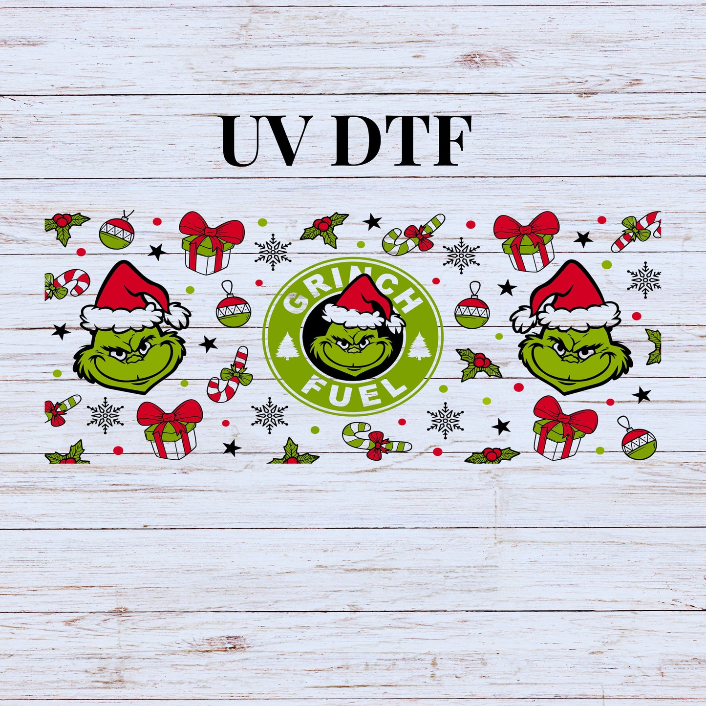 UV DTF Sticker print. Grinc Fuel Christmas glass can wrap or element sheet decal, tumbler decal. UV wrap for glass can tumbler. #7078