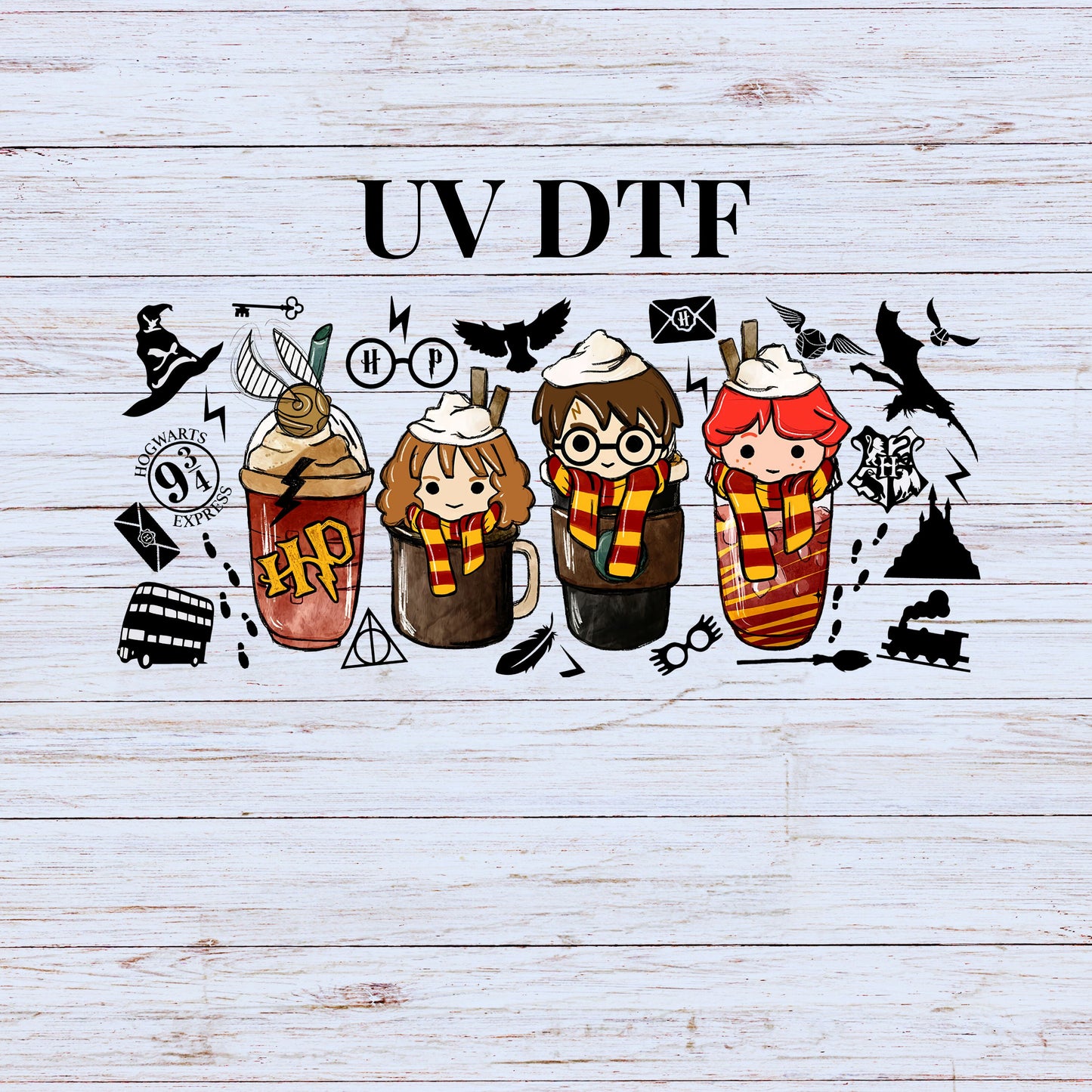 UV DTF Sticker print Coffee HP wizard elements decal, tumbler decal, Uv wrap glass can tumbler. #5020
