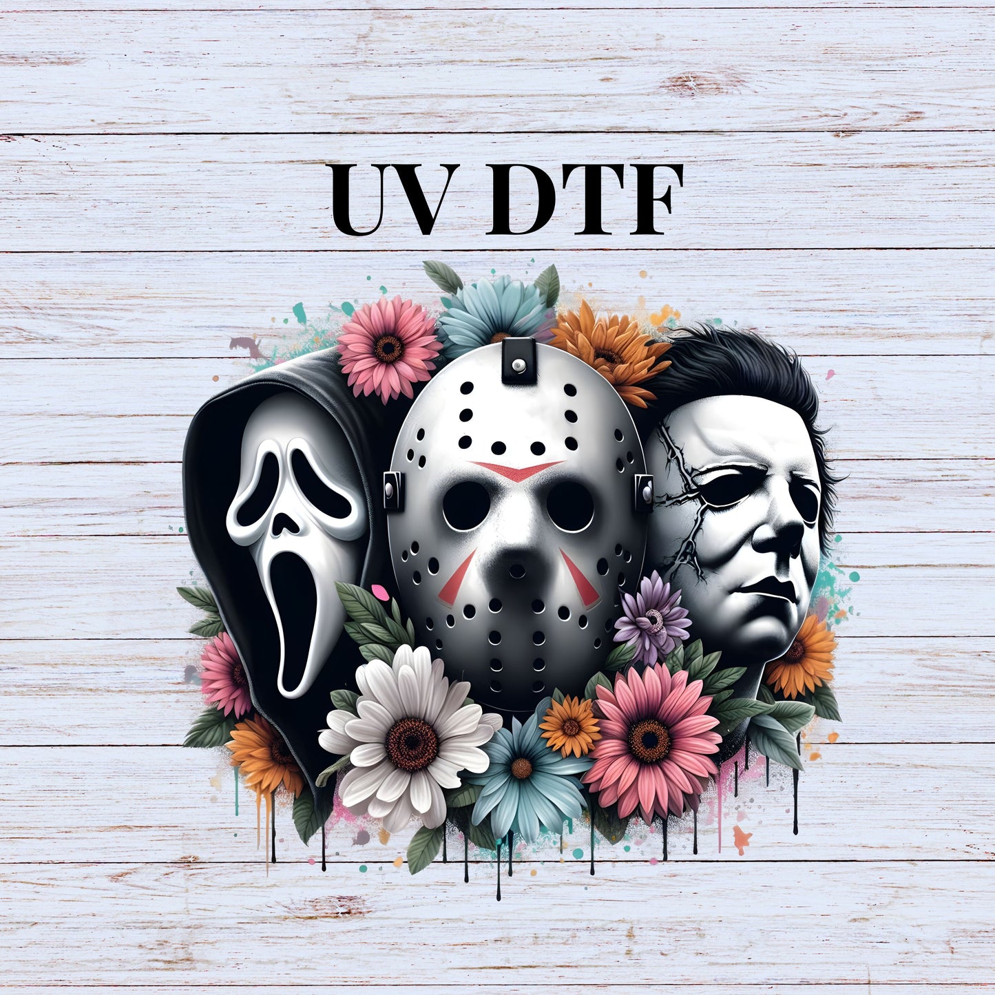UV DTF Sticker print Halloween Horror Movie Trio elements decal, tumbler decal, Uv wrap glass can tumbler. #7045