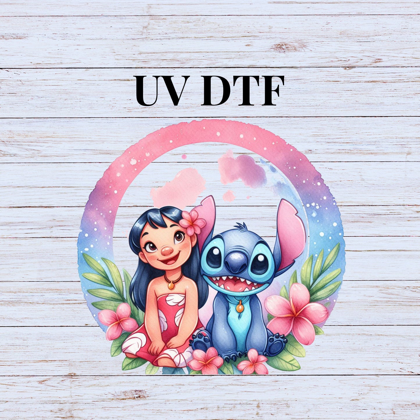 UV DTF Sticker print Lilo, flowers circle with Stitc decal, tumbler decal, permanent sticker. #10084