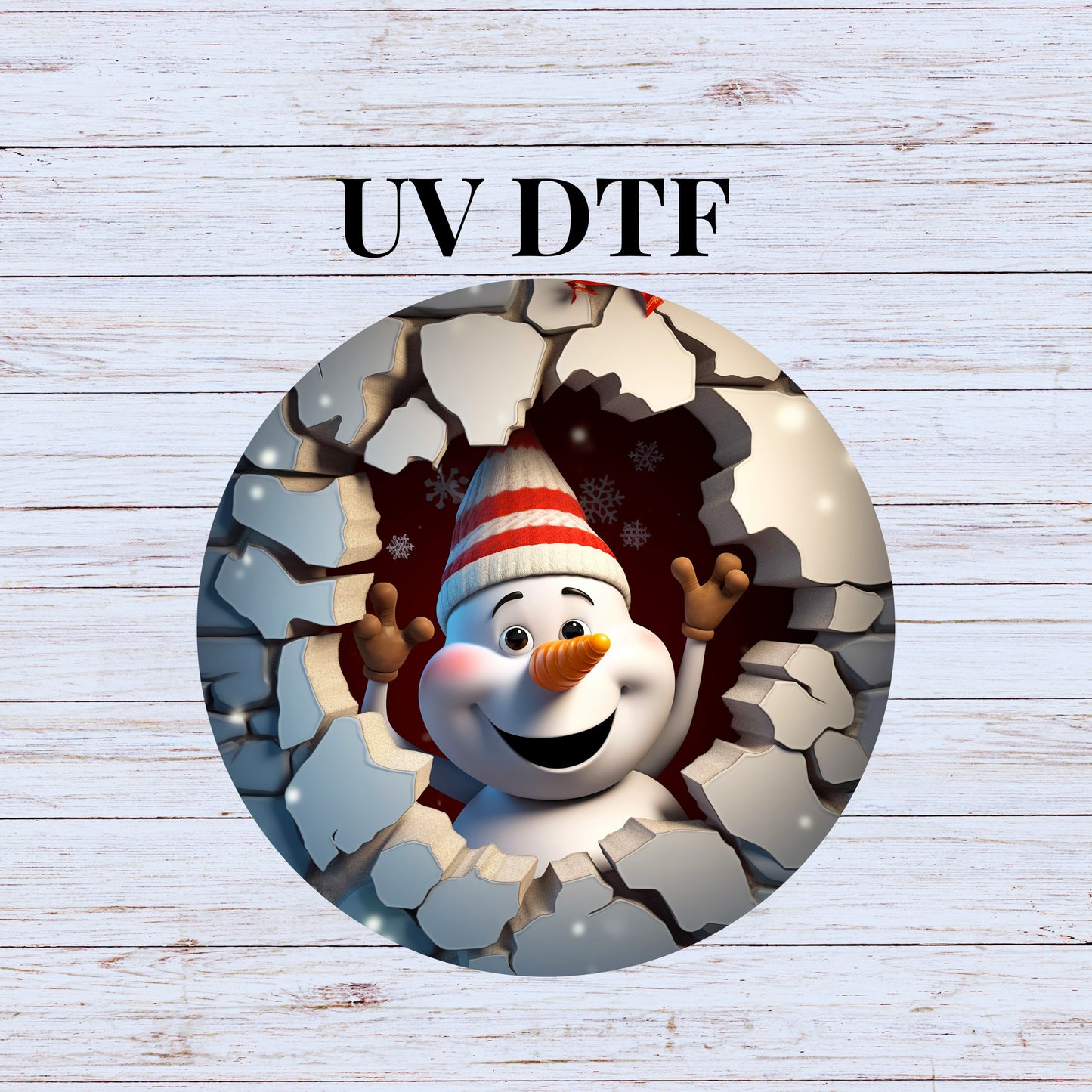 UV DTF Sticker print. Cracked snowman decal, tumbler decal. UV wrap for glass can tumbler. #7080