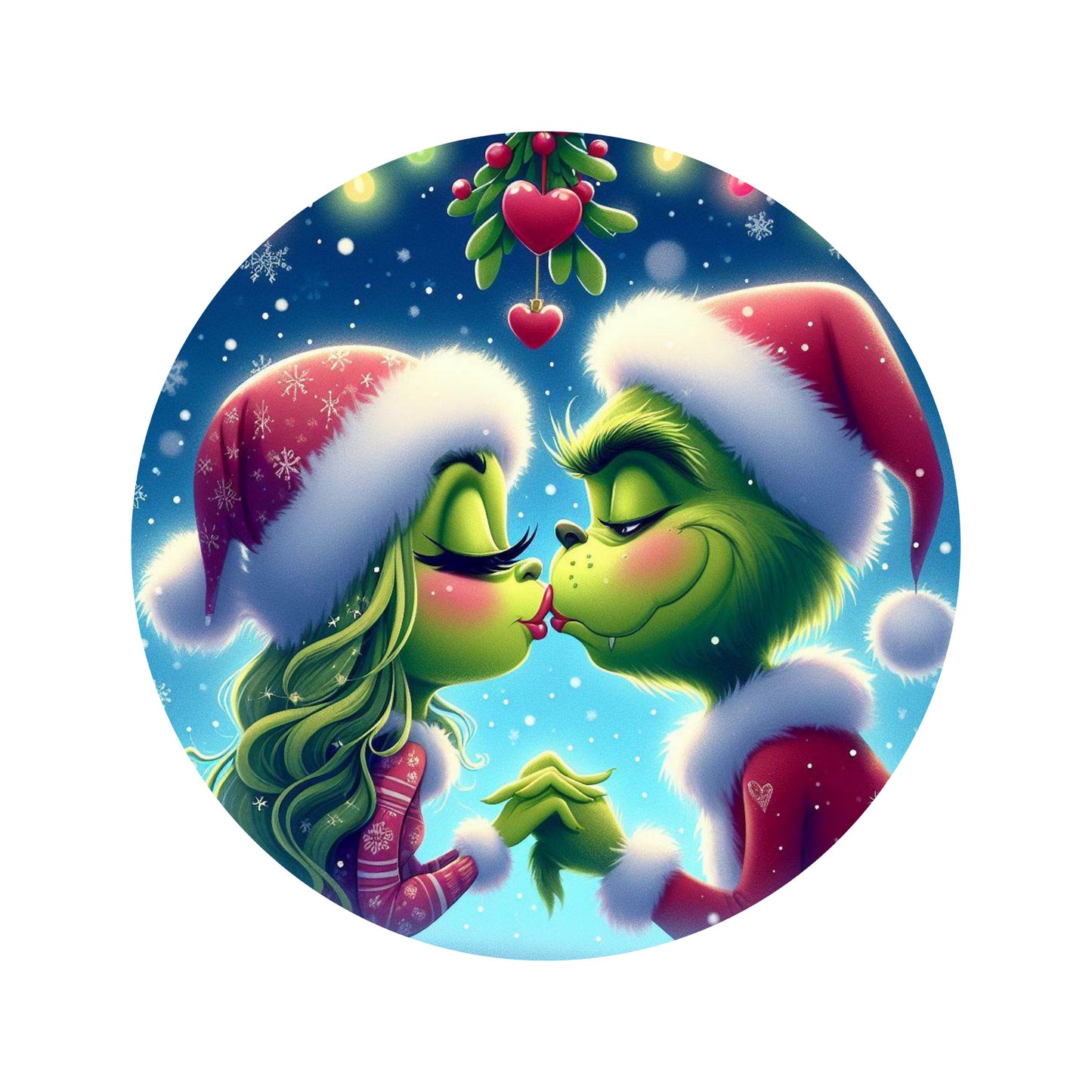 UV DTF Sticker print. Green Couple kissing Round Ornament UV stickers. Permanent decals Christmas. #7226