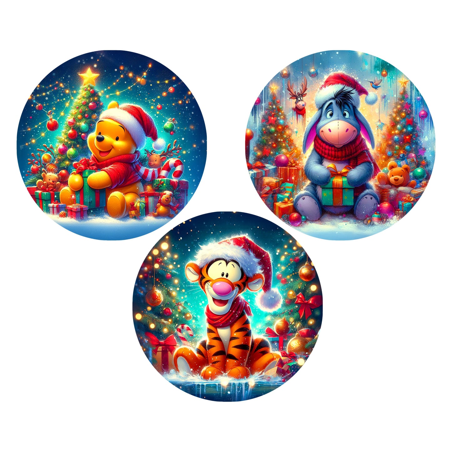 UV DTF Sticker print. Poo and friends 3 pk Round Ornament bundle of 3 decals. UV stickers. Permanent decals Christmas.#7205