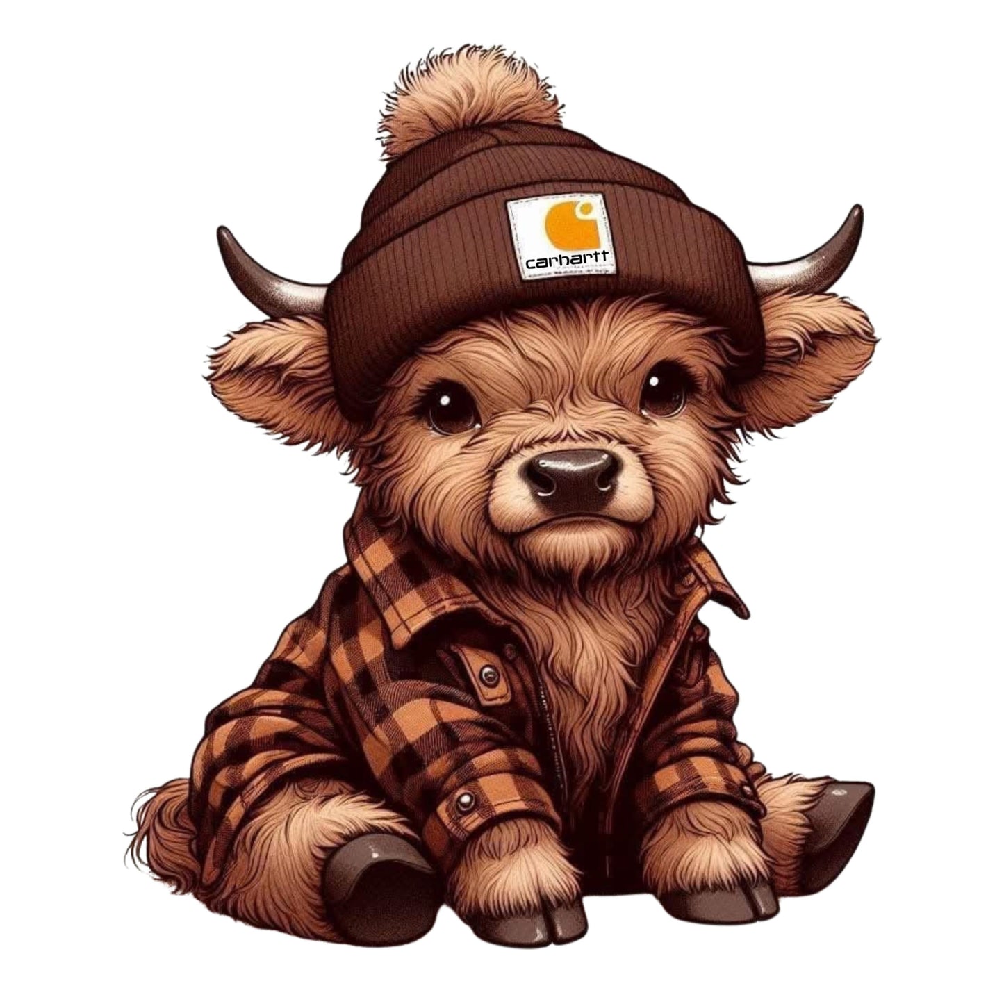 UV DTF Sticker print. Brown Cute Cow with Beanie decal, tumbler decal, permanent sticker. Uv wrap for glass can tumbler. #1046