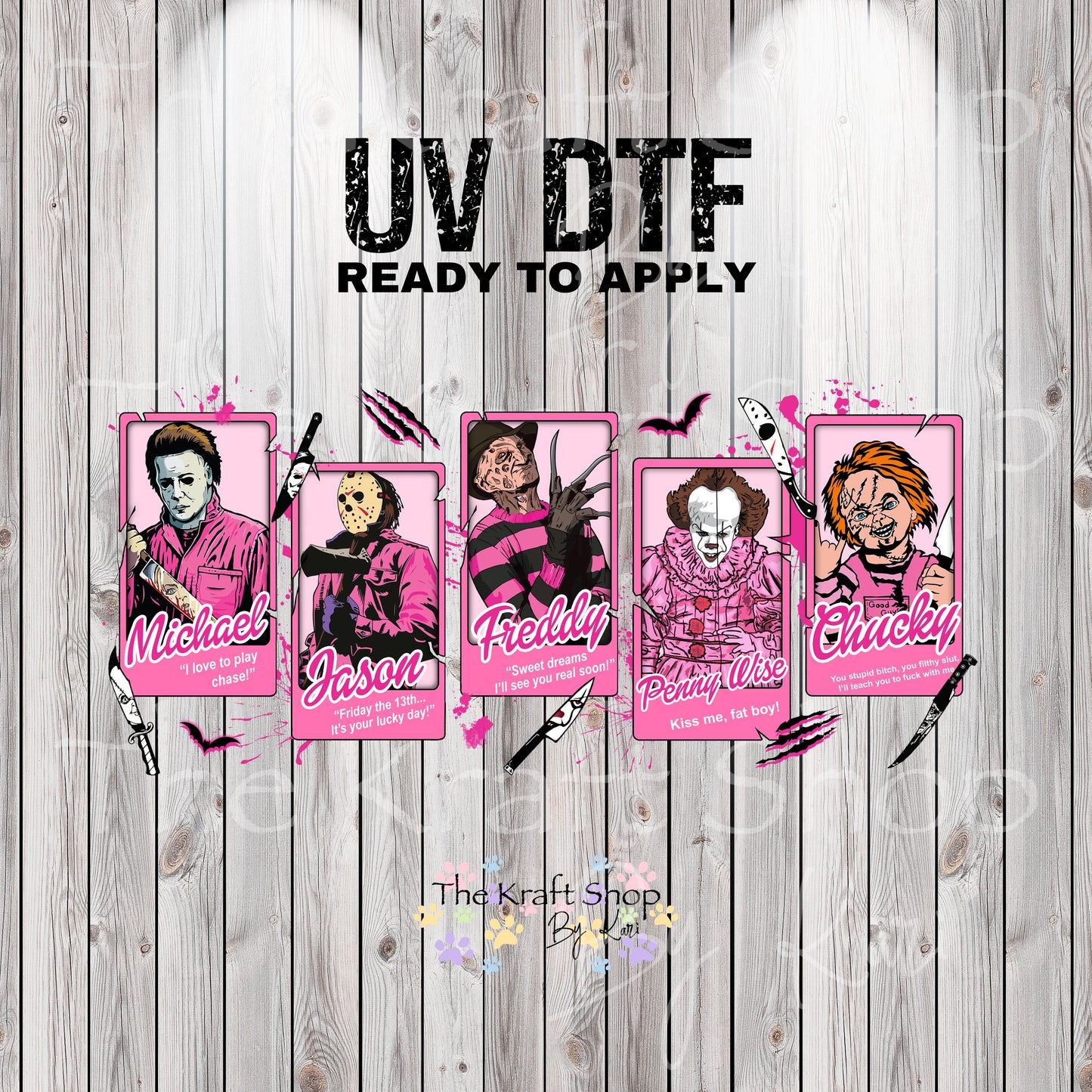 UV DTF Sticker print. Pink Horror glass can decal, tumbler decal, permanent sticker. UV wrap for glass can tumbler. #5354