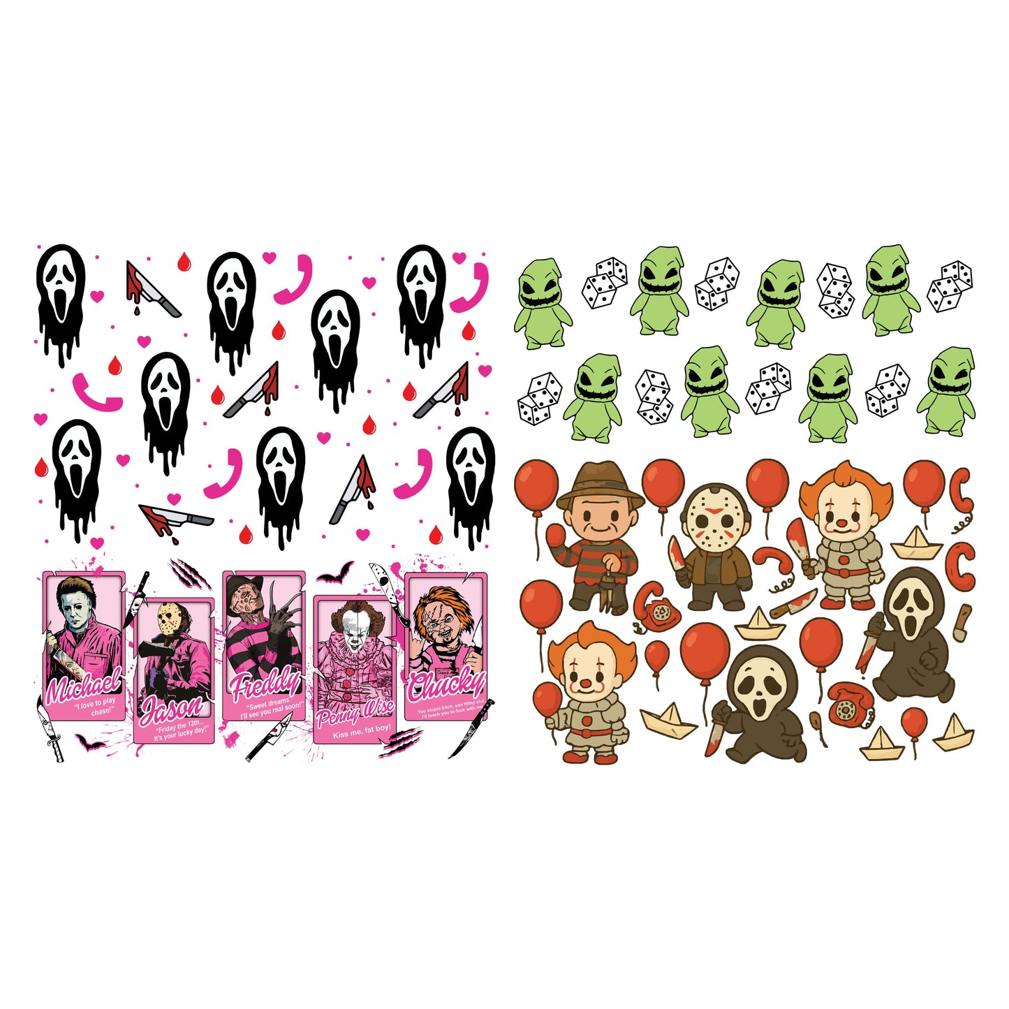 UV DTF Horror Mini Gang Sheet Halloween characters bundle of 4 wraps