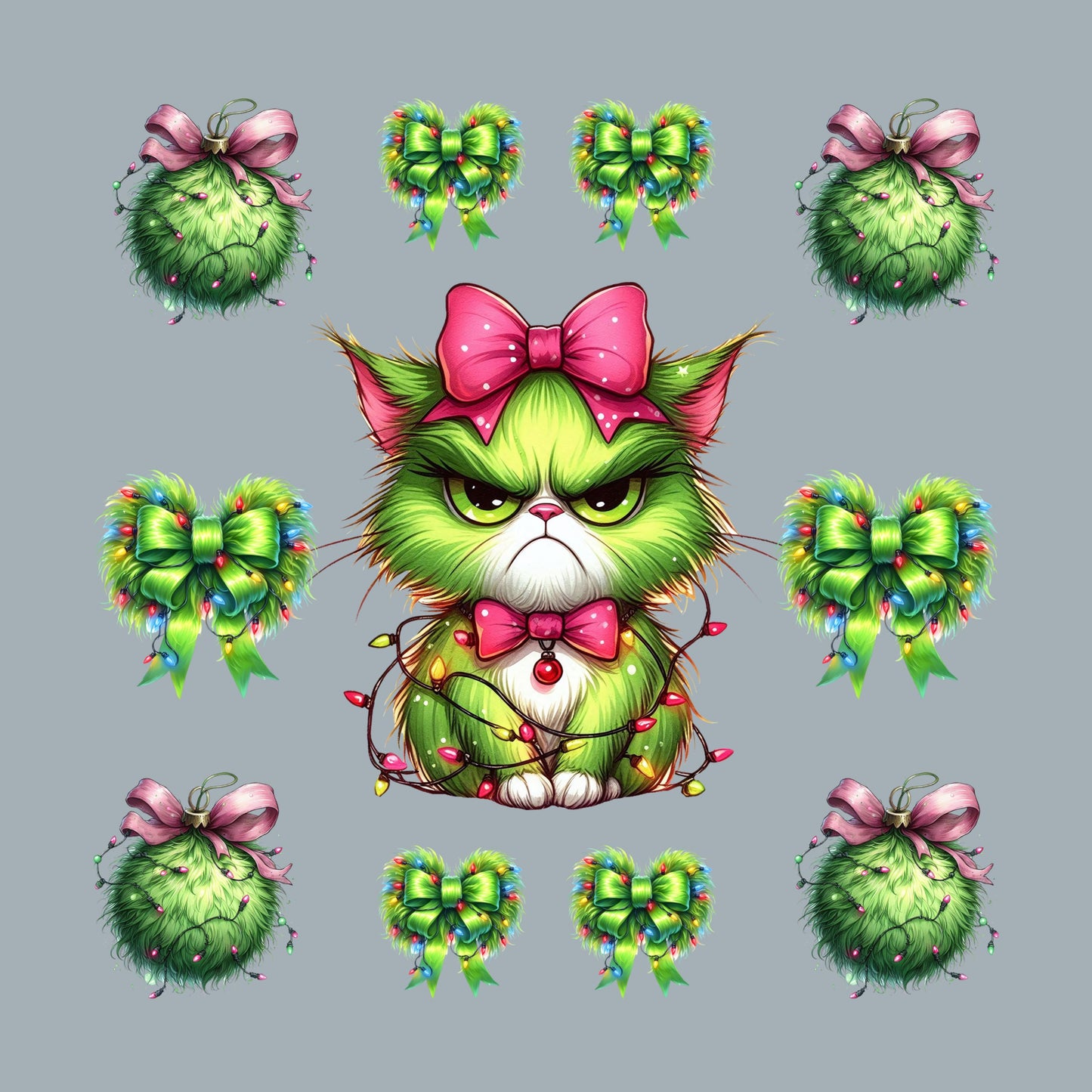 UV DTF Sticker print. Green Grumpy Christmas Cat Bundle element bundle of decals, tumbler decal. #7388