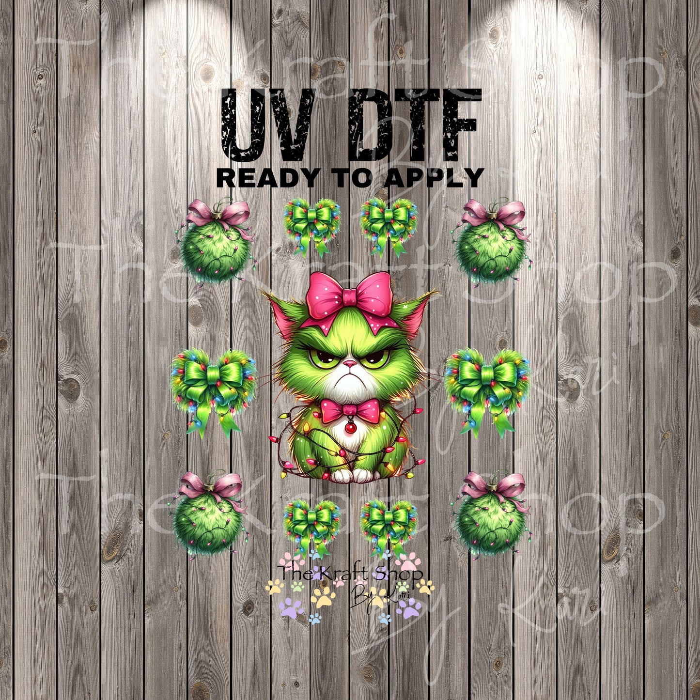 UV DTF Sticker print. Green Grumpy Christmas Cat Bundle element bundle of decals, tumbler decal. #7388