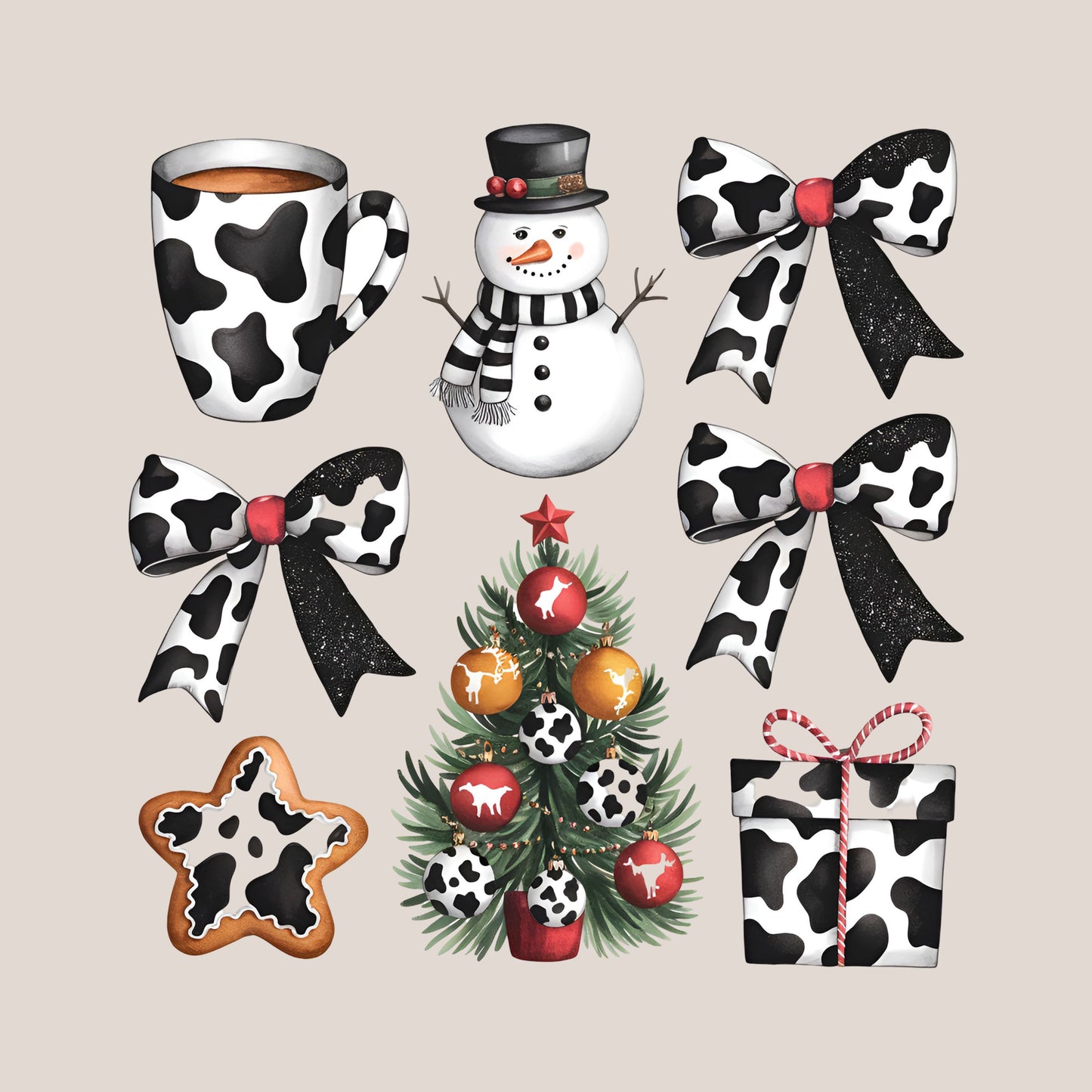 UV DTF Sticker print. Cow print snowman coquette element, tumbler decal, permanent sticker. Uv wrap for glass can tumbler. #7402