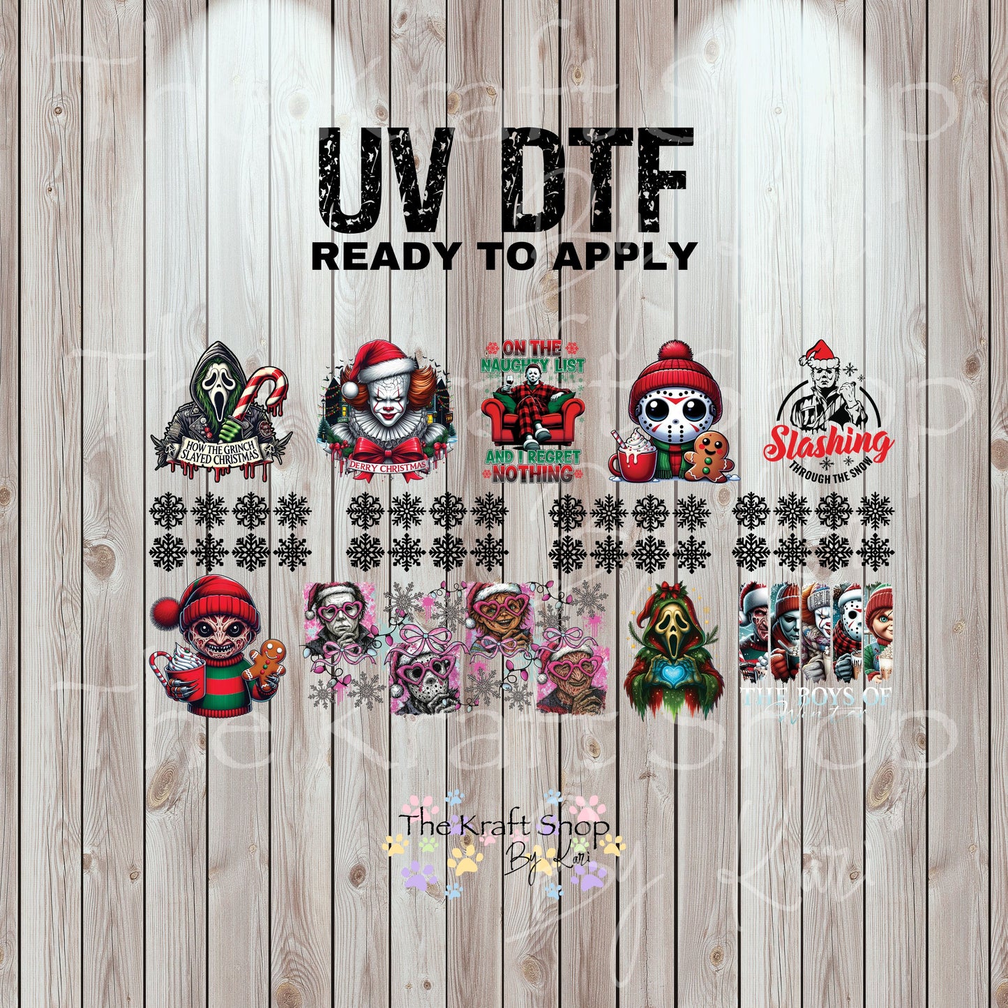 UV DTF Sticker print. Horror Christmas 23x12 Mini Gang sheet Sassy decal bundle decal, tumbler decal, permanent sticker. UV wrap for glass can tumbler. #7485