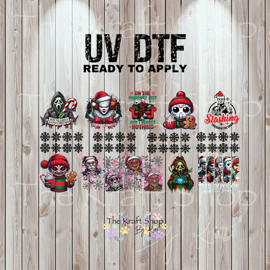 UV DTF Sticker print. Horror Christmas 23x12 Mini Gang sheet Sassy decal bundle decal, tumbler decal, permanent sticker. UV wrap for glass can tumbler. #7485