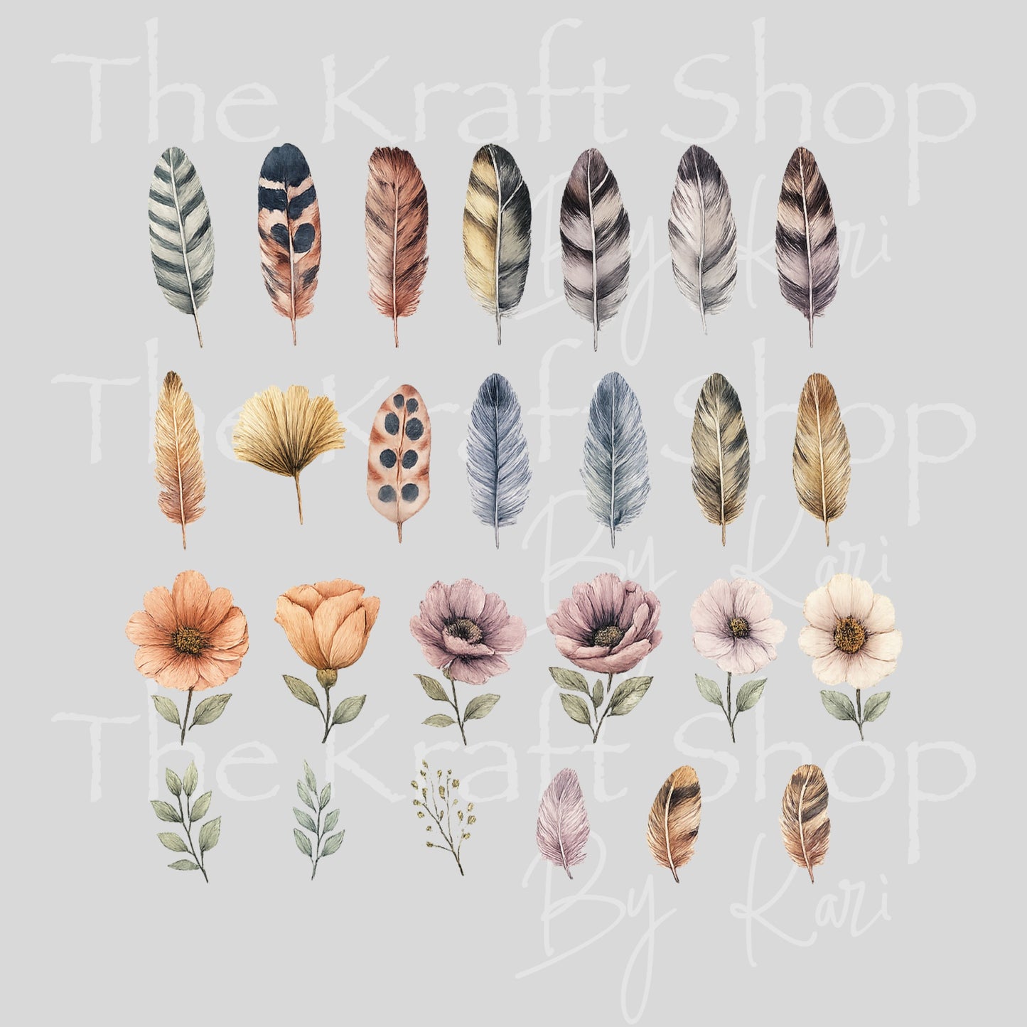 UV DTF Sticker prints. Feathers and flowers element sheet bundle decal, permanent sticker. UV wrap for tumbler. #10053