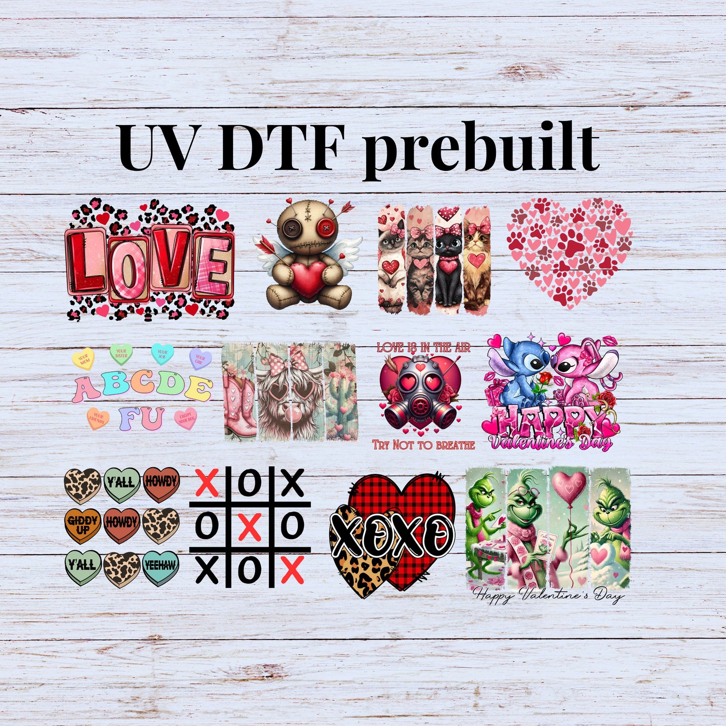UV DTF Sticker print. PreBuilt Valentine's Day gang sheet, tumbler decal, permanent sticker. UV wrap for glass can tumbler.