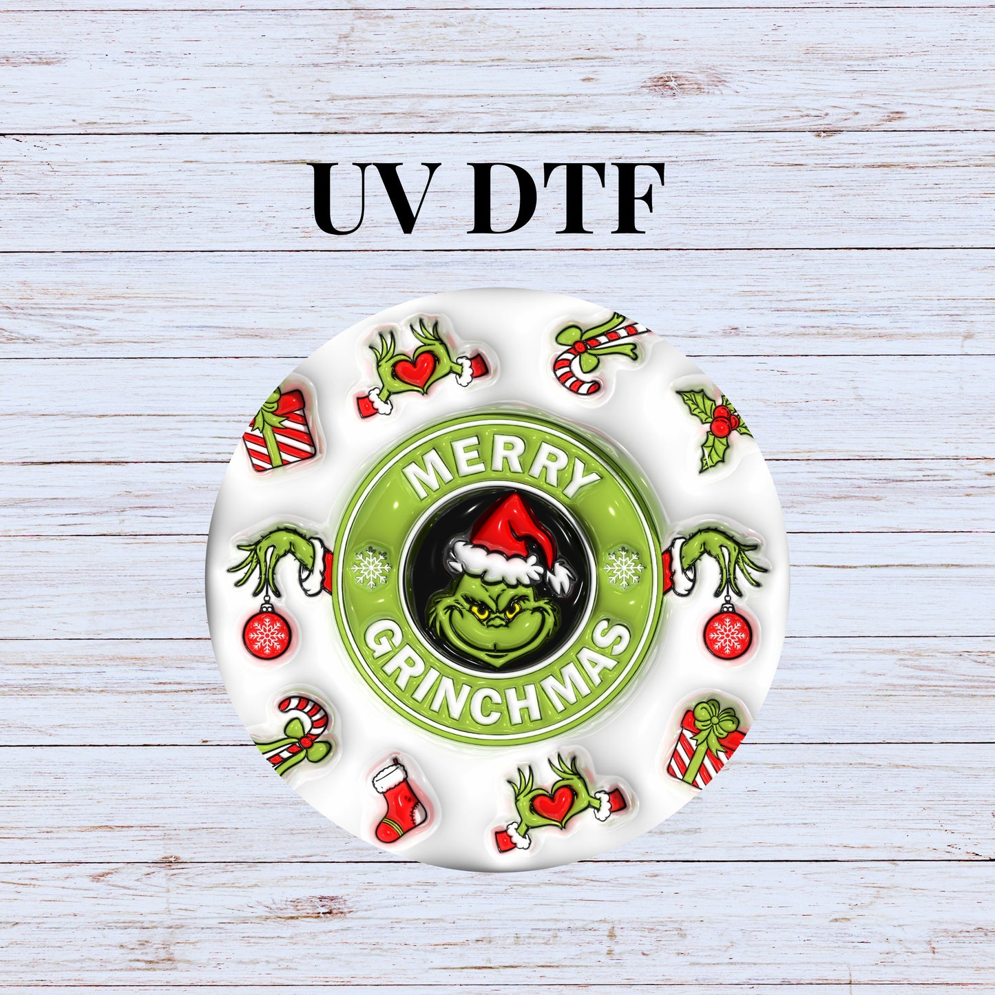 UV DTF Sticker print. Grinc Star buck circle decal, tumbler decal. UV wrap for glass can tumbler. #7082