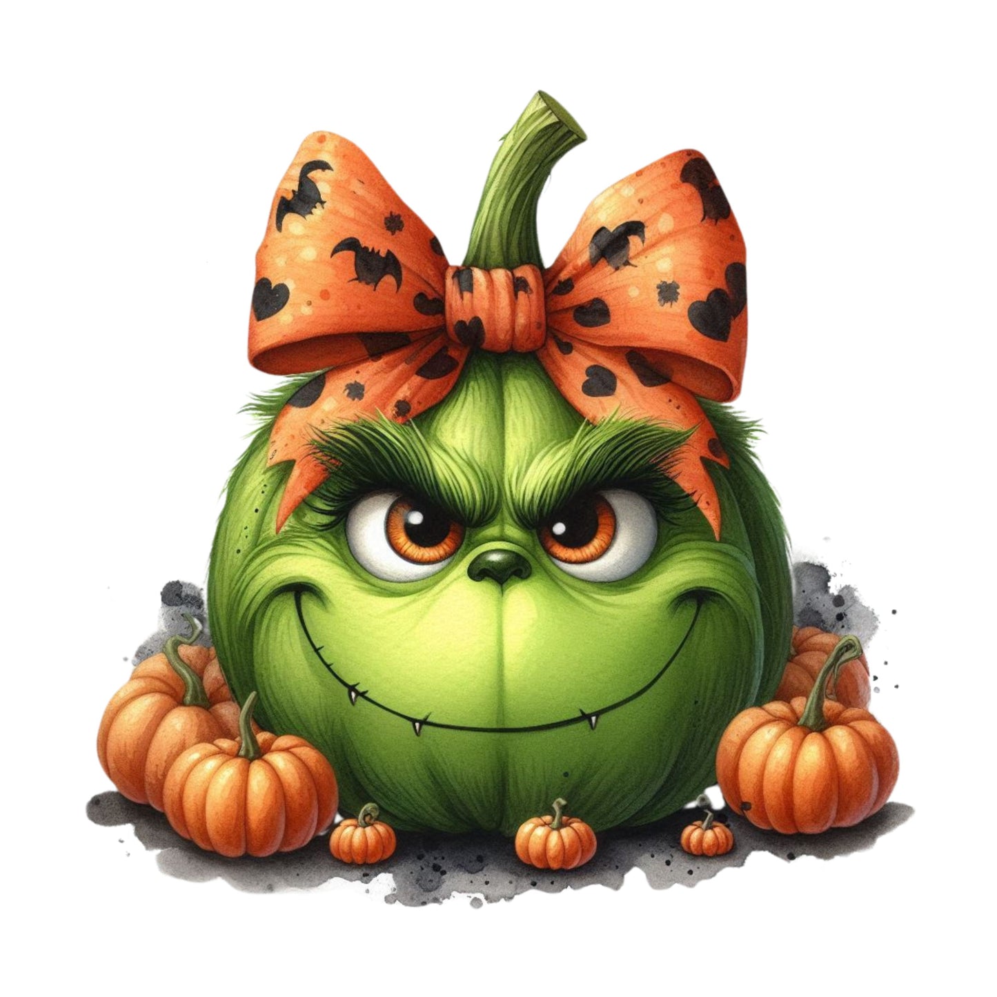 UV DTF Sticker print Green Grinc pumpkin with Bow decal, tumbler decal, permanent sticker.  #7107