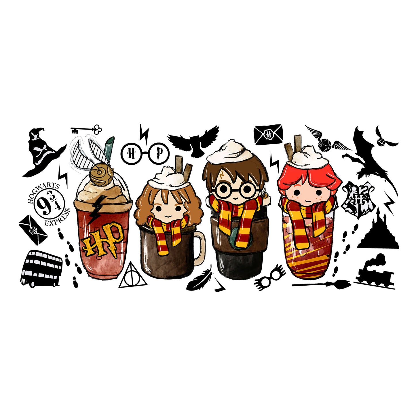 UV DTF Sticker print Coffee HP wizard elements decal, tumbler decal, Uv wrap glass can tumbler. #5020