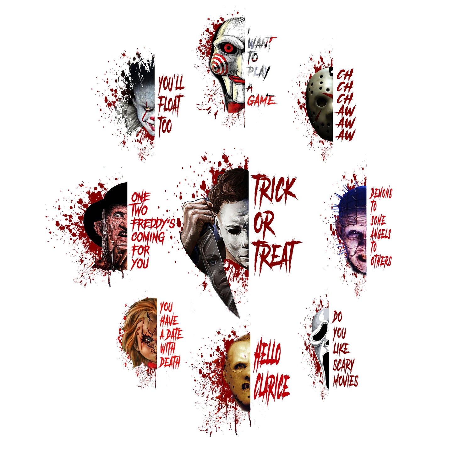 UV DTF Sticker print Halloween Horror Heads decal, tumbler decal, permanent sticker. Uv wrap for glass can tumbler. #7068