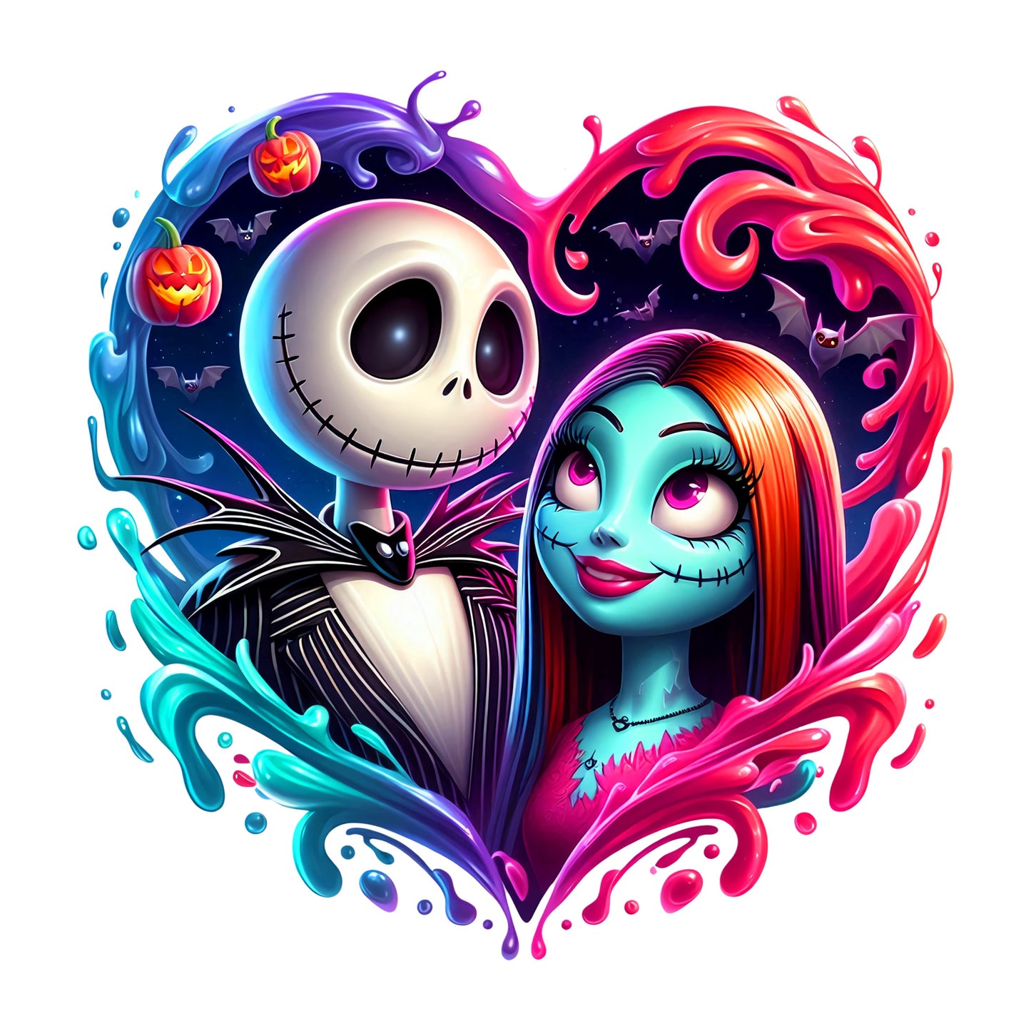 UV DTF Sticker print. Jack Sally Heart Splash decal, tumbler decal. UV wrap for glass can tumbler. #7168