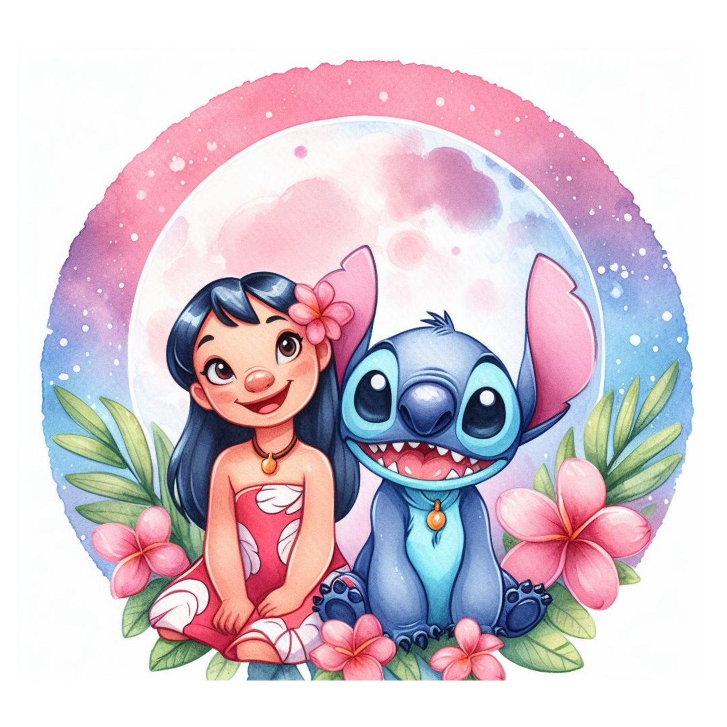 UV DTF Sticker print Lilo, flowers circle with Stitc decal, tumbler decal, permanent sticker. #10084