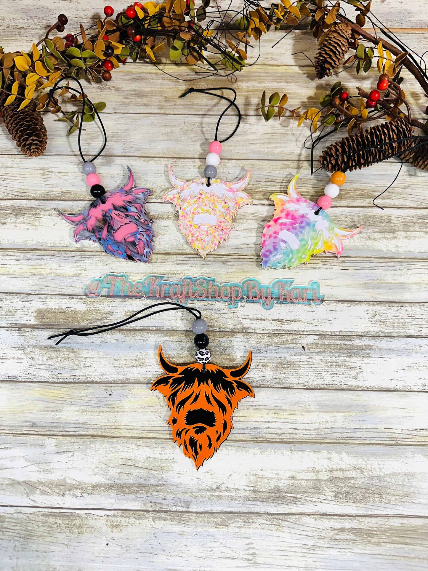 Highland cow car charm. Heifer cow rear view mirror. Acrylic car charm. Country girl gift. Cow lover gift.