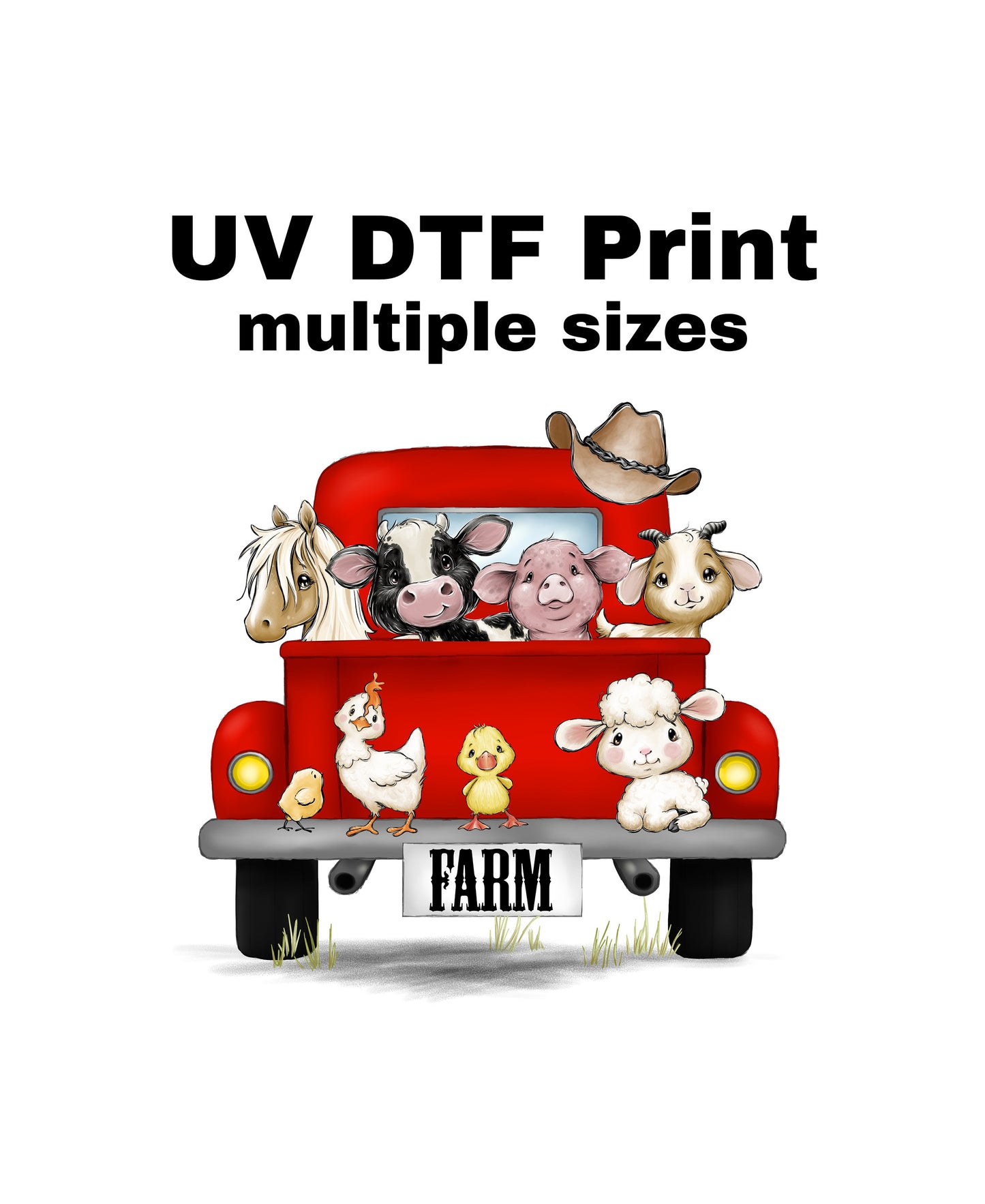 UV DTF Sticker print. Red truck with farm animals decal, tumbler decal, permanent sticker. UV wrap for glass can tumbler. #6002