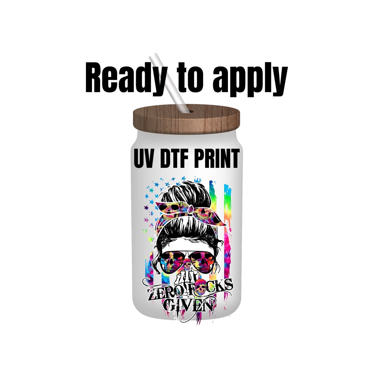 UV DTF Sticker print. Zero fucks given skull mama decal, tumbler decal, permanent sticker. UV wrap for glass can tumbler. #4007