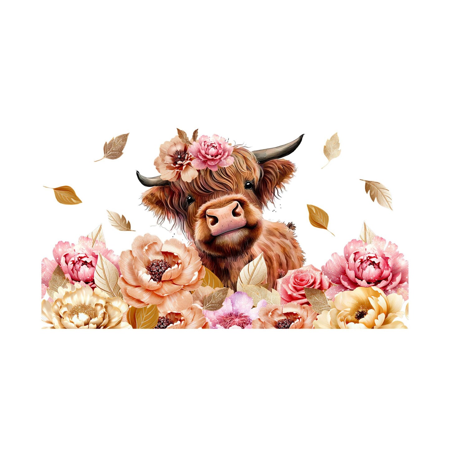 UV DTF Sticker print. Watercolor Heifer cow w/ roses wrap decal, tumbler decal, permanent sticker. UV wrap for glass can tumbler. #5013