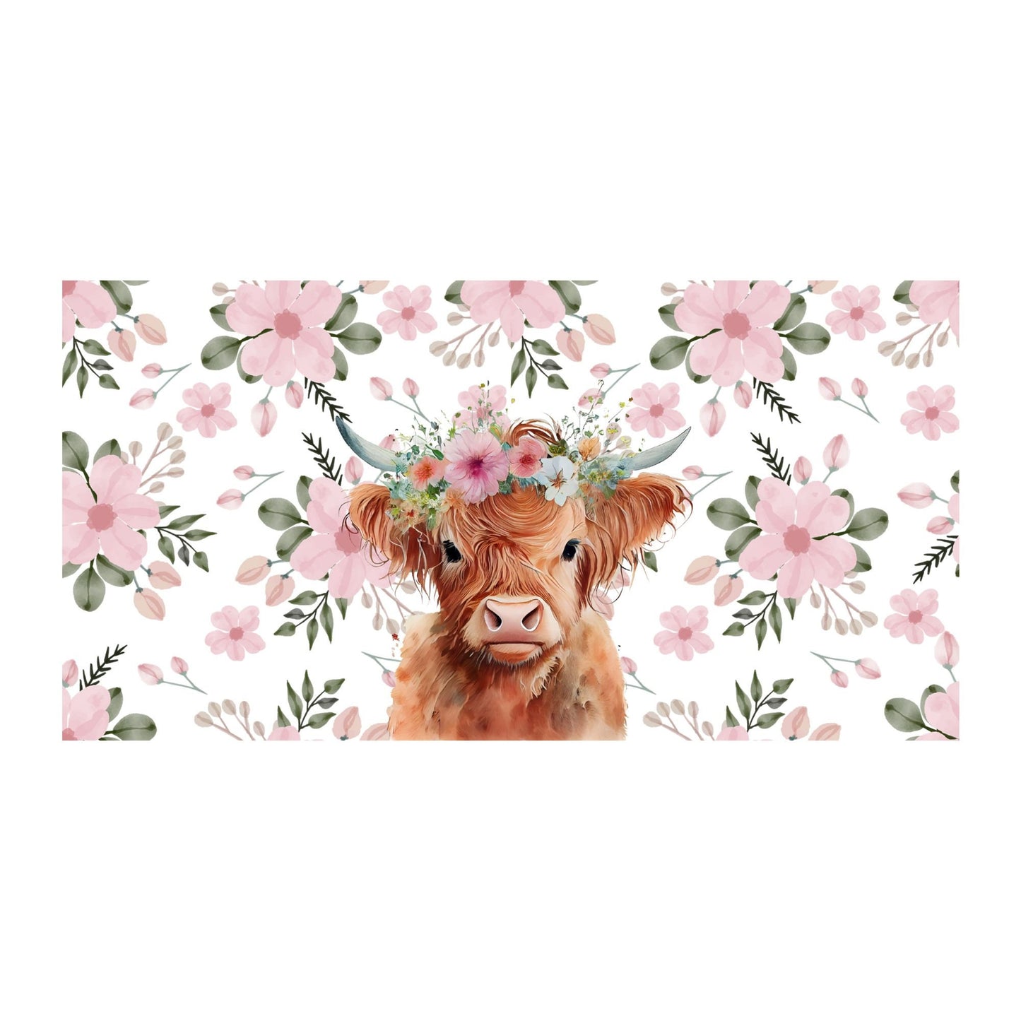 UV DTF Sticker print. Heifer cow with pink flowers wrap decal, tumbler decal, permanent sticker. UV wrap for glass can tumbler. #5034