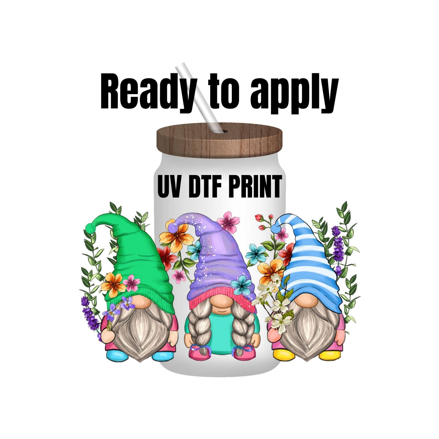 UV DTF Sticker print. Floral Gnomes decal, tumbler decal, permanent sticker. UV wrap for glass can tumbler. #10010