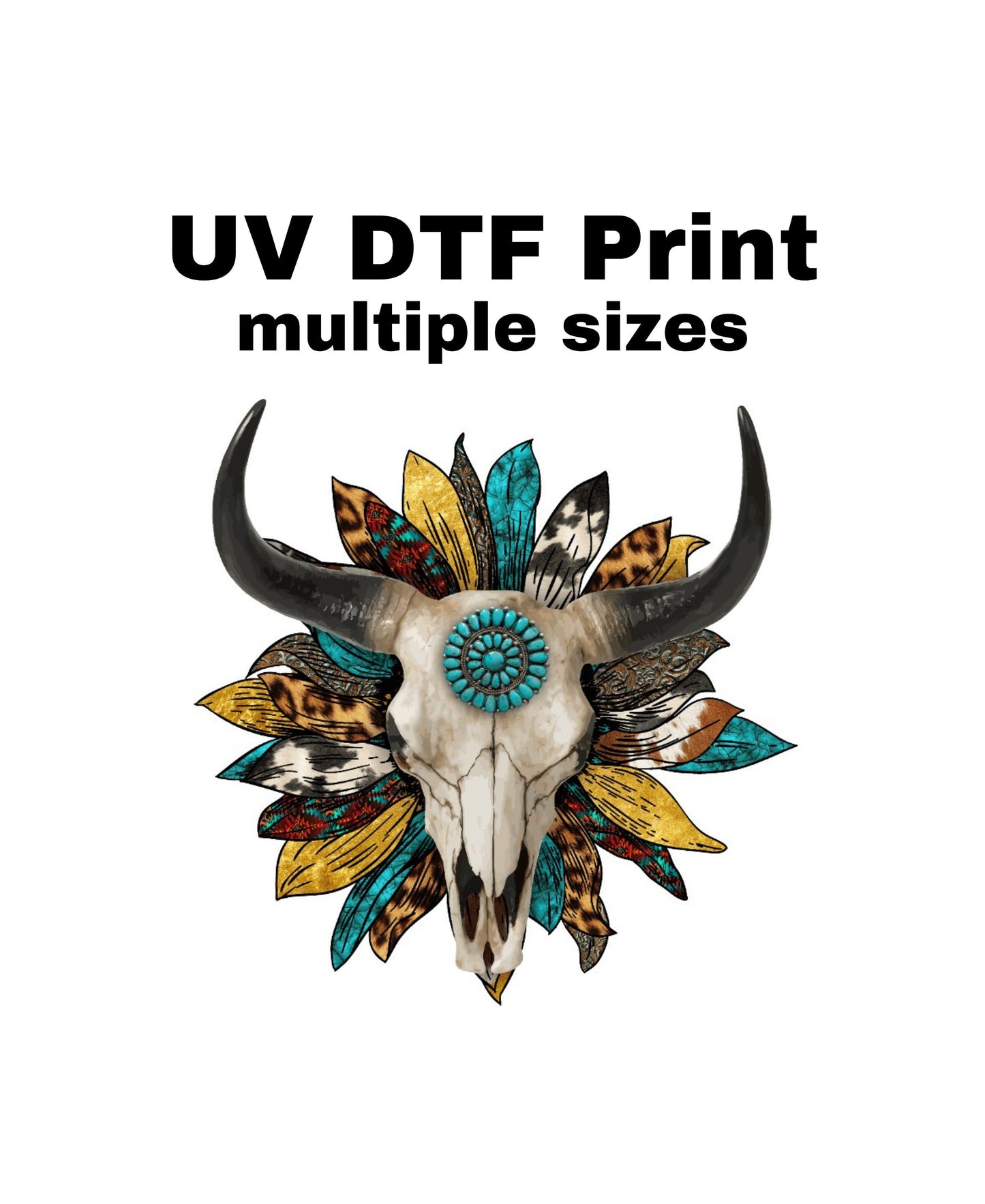 UV DTF Sticker print. Feathered Western cow skull with Flowers decal, tumbler decal, permanent sticker. UV wrap for glass can tumbler. #2001