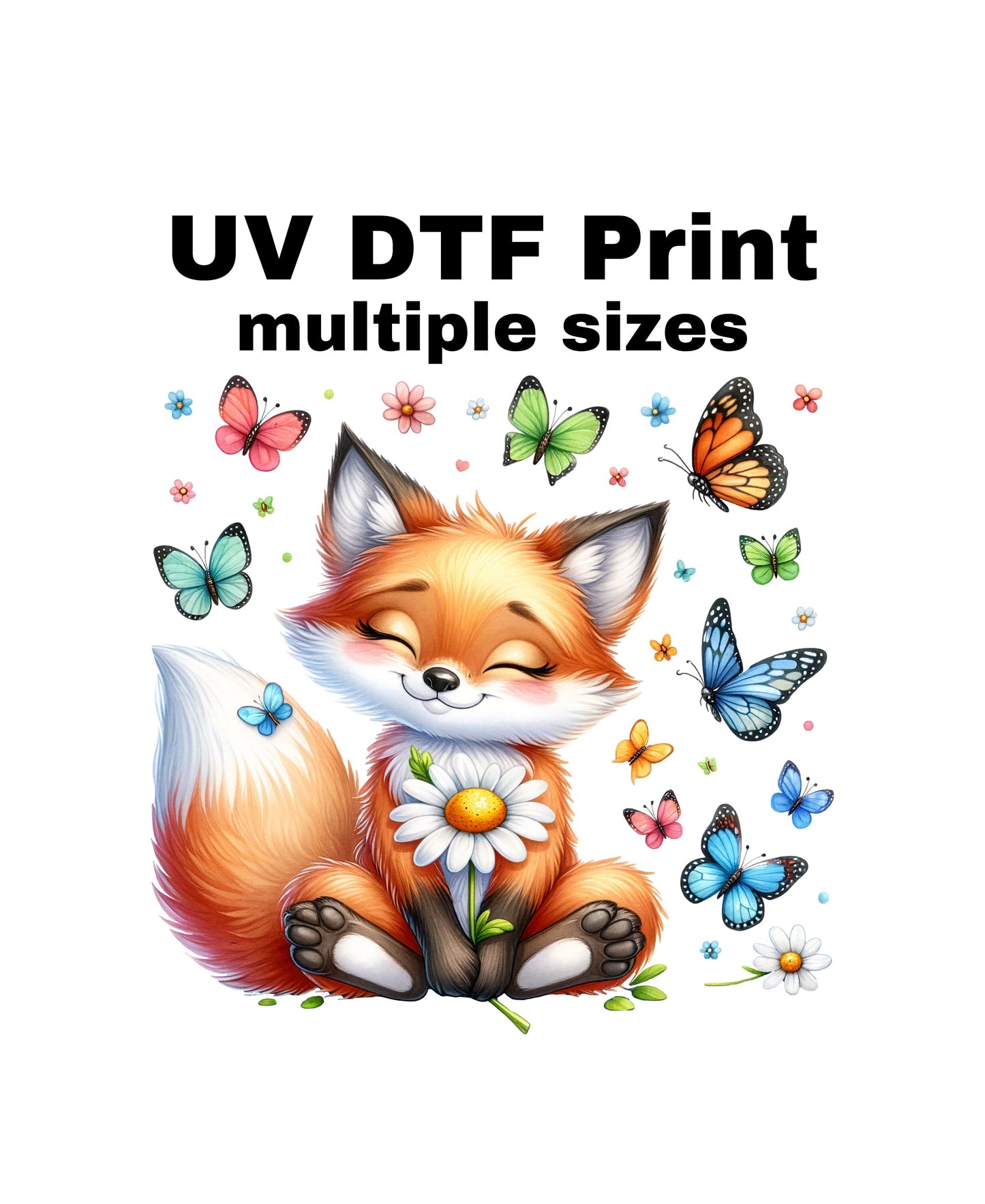 UV DTF Sticker print. Cute fox with butterflies and flowers decal, tumbler decal, permanent sticker. UV wrap for glass can tumbler. #1006