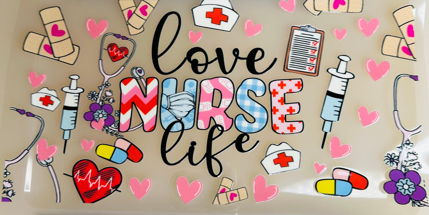 UV DTF Sticker print. Love nurse life wrap decal, tumbler decal, permanent sticker. UV wrap for glass can tumbler. #5006