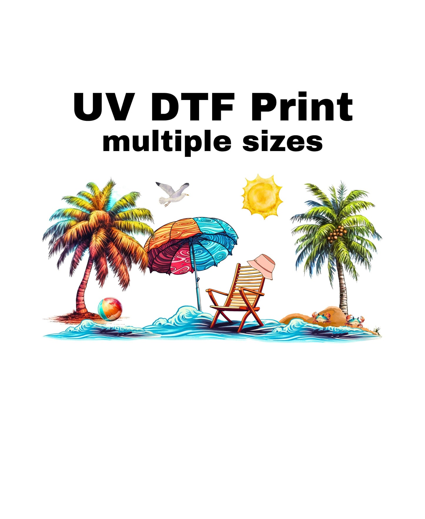 UV DTF Sticker print. Watercolor Beach scene wrap decal, tumbler decal, permanent sticker. UV wrap for glass can tumbler. #5010