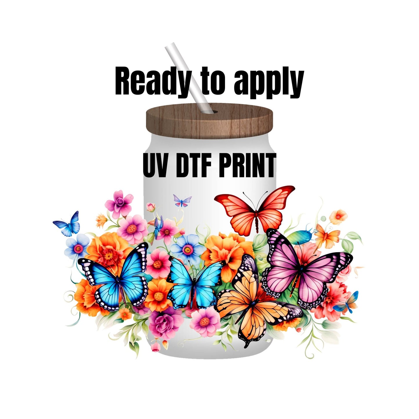 UV DTF Sticker print. Vibrant Butterfly and flower wrap decal, tumbler decal, permanent sticker. UV wrap for glass can tumbler. #5052