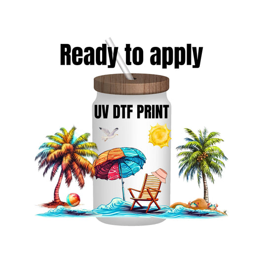 UV DTF Sticker print. Watercolor Beach scene wrap decal, tumbler decal, permanent sticker. UV wrap for glass can tumbler. #5010