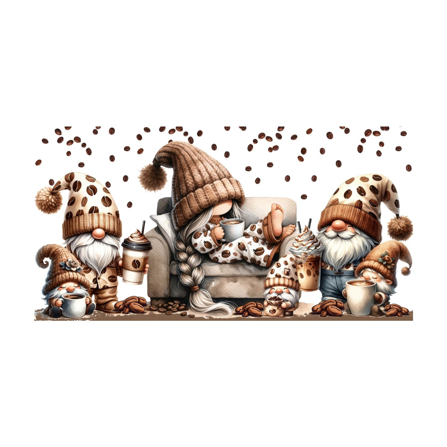 UV DTF Sticker print. Watercolor Coffee gnome wrap decal, tumbler decal, permanent sticker. UV wrap for glass can tumbler. #5028