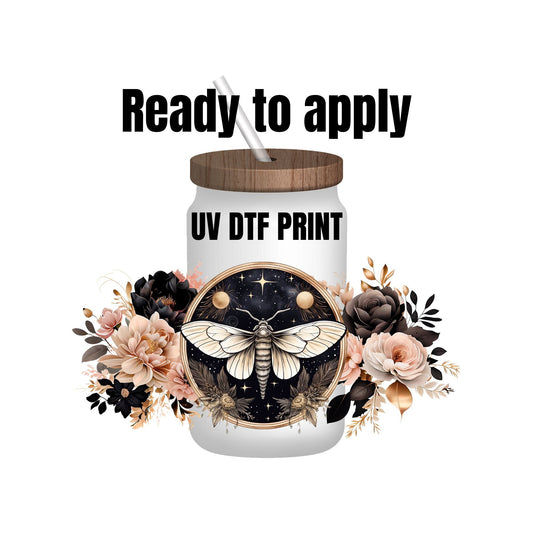 UV DTF Sticker print. Moth wrap decal, tumbler decal, permanent sticker. UV wrap for glass can tumbler. #5033