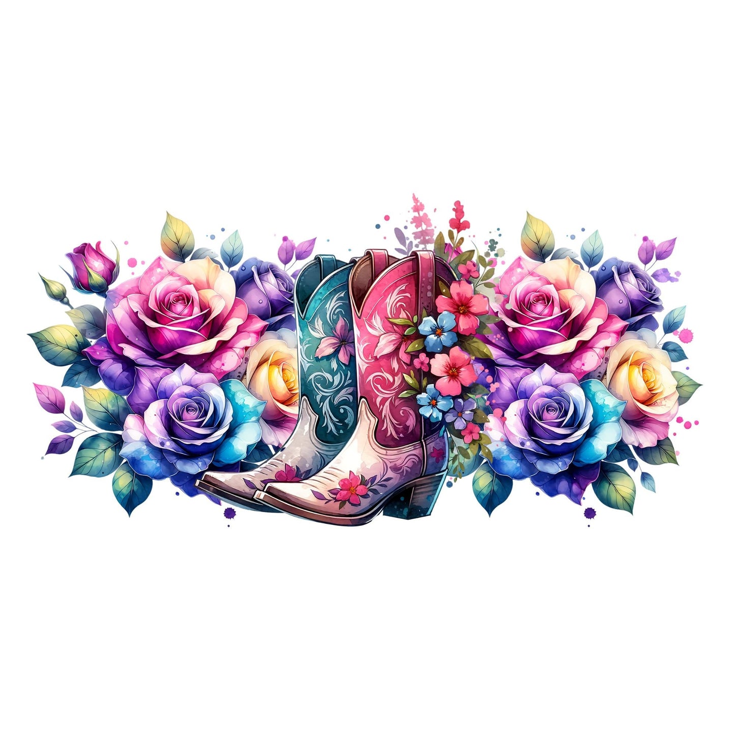 UV DTF Sticker print. Cowgirl boots and flowers wrap decal, tumbler decal, permanent sticker. UV wrap for glass can tumbler. #5037