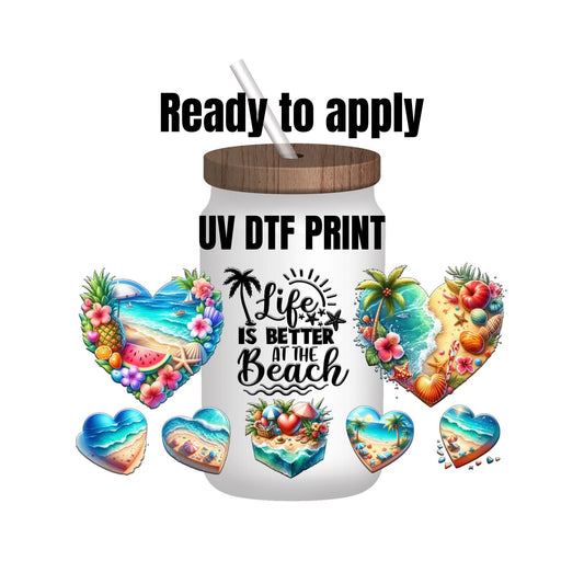 UV DTF Sticker print. Watercolor Beach Heart Life is better at the wrap decal, tumbler decal, UV wrap for glass can tumbler. #5047