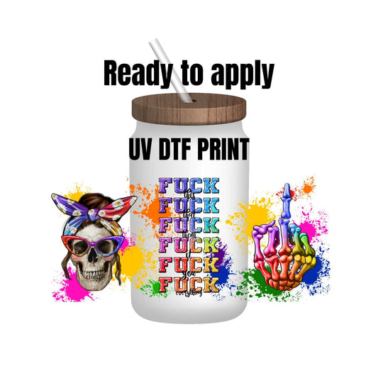 UV DTF Sticker print. Skull fuck wrap decal, tumbler decal, permanent sticker. Uv wrap for glass can tumbler. #5076