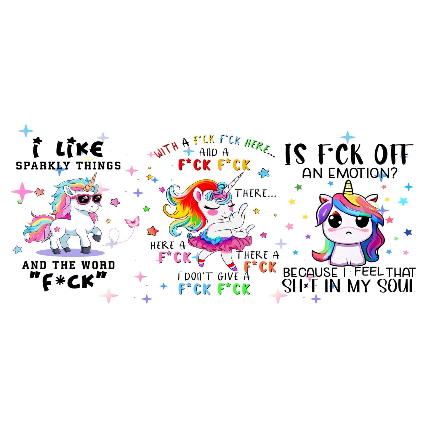 UV DTF Sticker print. Trio of Unicorns decal, tumbler decal, permanent sticker. Uv wrap for glass can tumbler. #5061