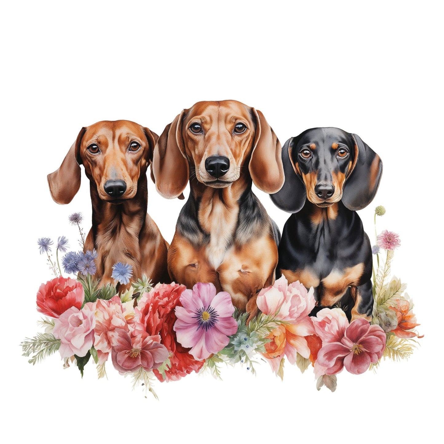UV DTF Sticker print. Cute trio of Dachshunds with flowers decal, tumbler decal, permanent sticker. UV wrap for glass can tumbler. #1017