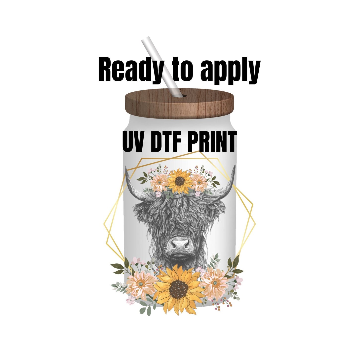 UV DTF Sticker print. Grey cow with Flowers decal, tumbler decal, permanent sticker. UV wrap for glass can tumbler. #1012