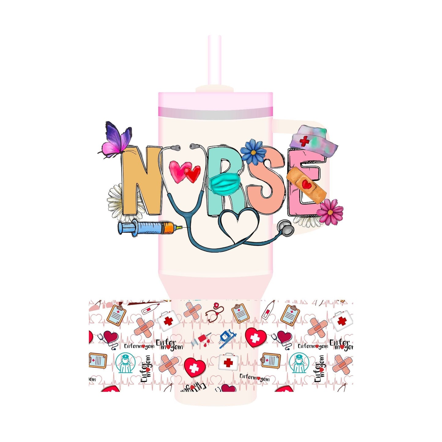 UV DTF 40 oz ready to apply Nurse with flowers decal , quencher tumbler decal, permanent sticker. UV wrap for quenchers . #3002