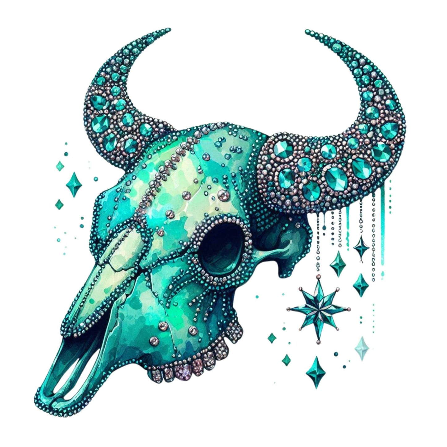 UV DTF Sticker print. Teal Rhinestone bull skull decal, tumbler decal, permanent sticker. Uv wrap for glass can tumbler. #2015
